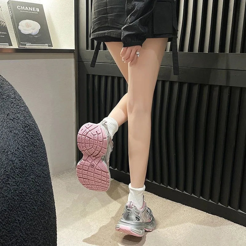 New Thick Soled Fashionable Dad Shoes, Women's Spring and Autumn New Versatile Casual Shoes, Silver Pink Sports Trendy Shoes