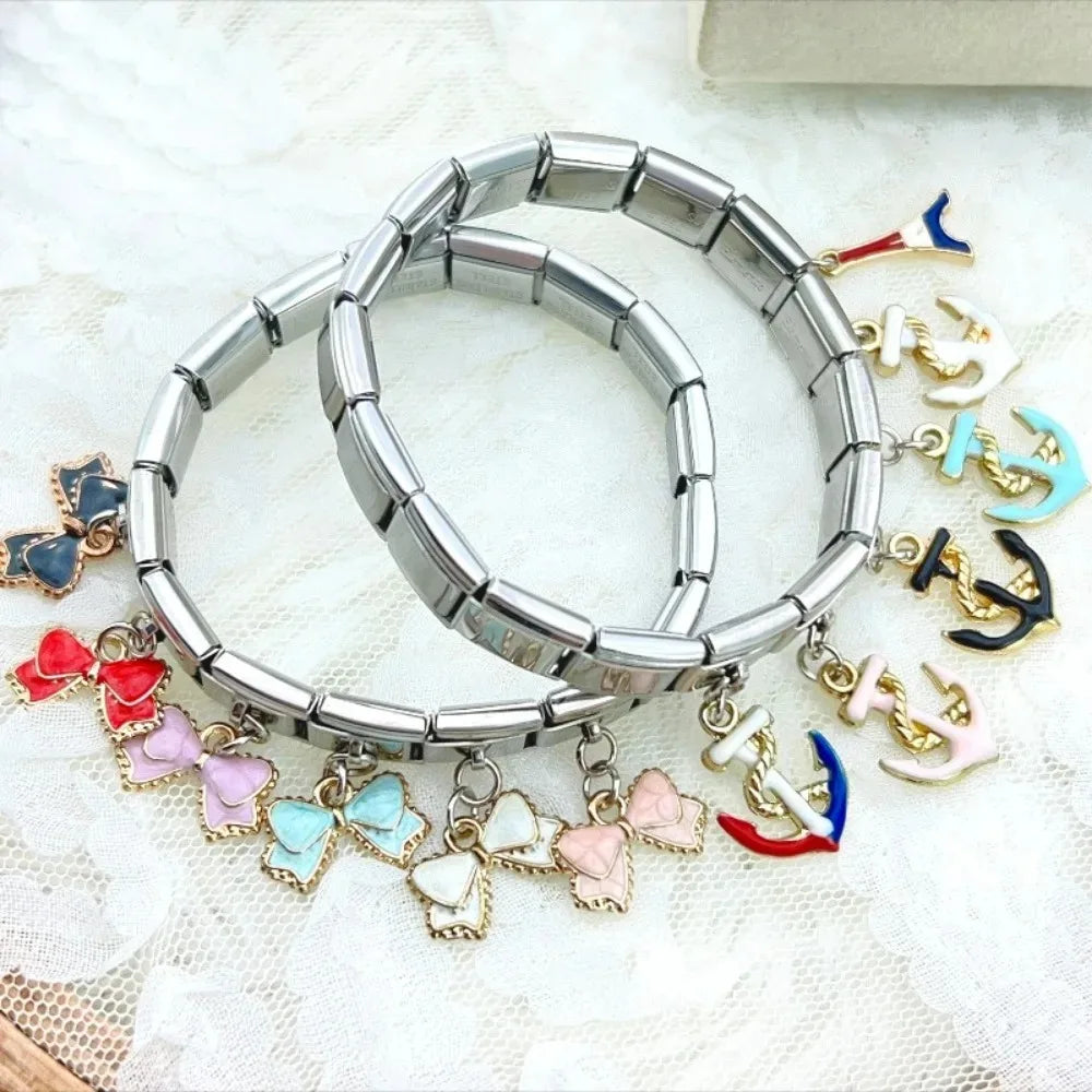 2025 NEW Popular Bow Anchor Pendant Elastic Charm Italian Links Fit 9mm Modular Bracelet Making DIY Jewelry Bulk