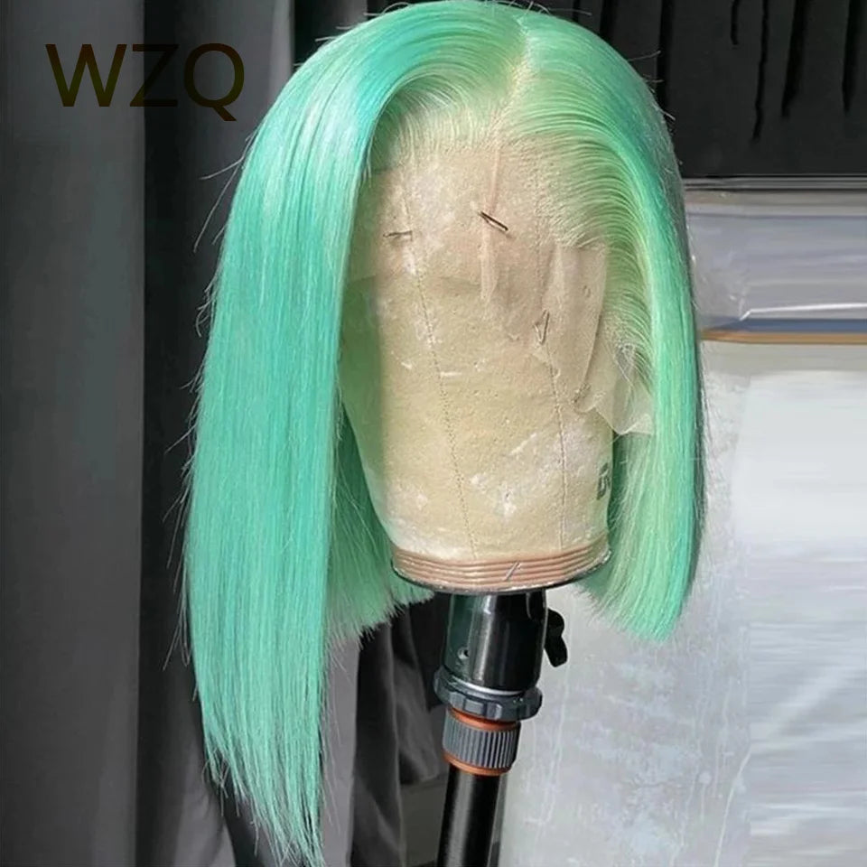 Straight Lace Front Wigs 180% HD Transparent Lace Frontal Wig Brazilian Remy Hair Wig 13x4 Mint Green Short Bob Wigs Human Hair