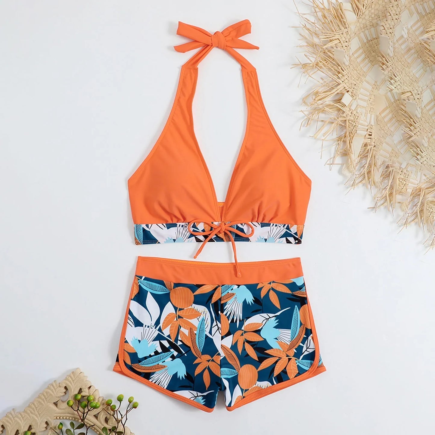 Shorts Bikinis Set  High Waist Swimsuit Women Swimwear  Plant Print Bathers Bathing Swim Suit Beachwear