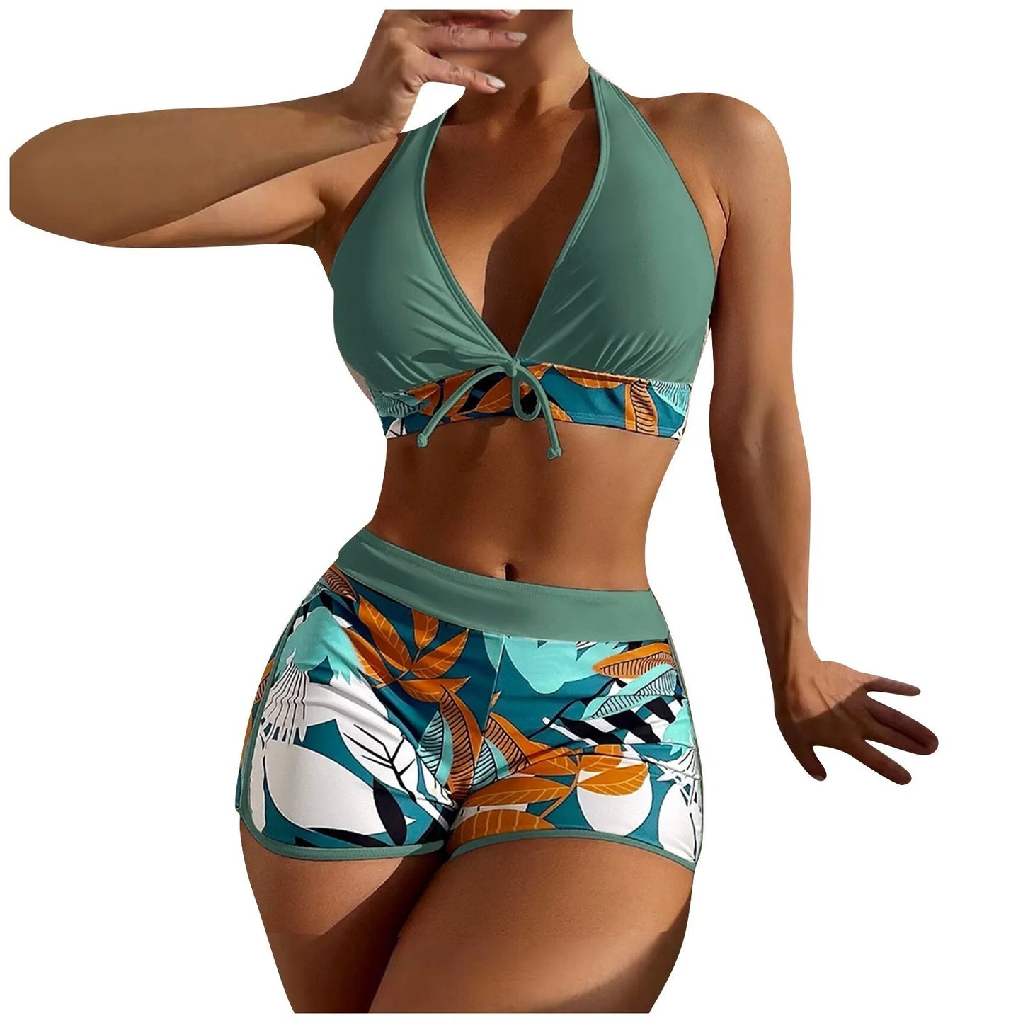 Shorts Bikinis Set  High Waist Swimsuit Women Swimwear  Plant Print Bathers Bathing Swim Suit Beachwear