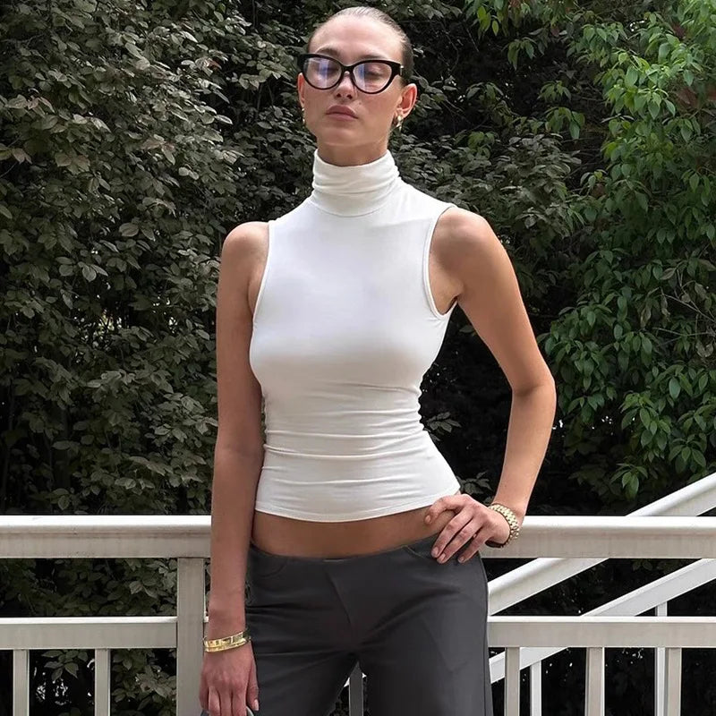 Nsauye Casual Solid White Women Basic Vest T Shirt Tank Tops Turtleneck Y2K Summer Clothes Skinny Mini 2025 Club Sexy Crop Tops