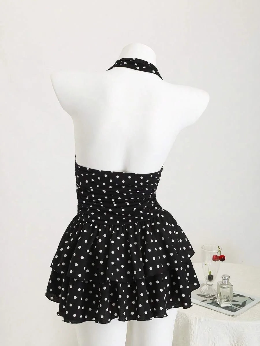 New Street Spicy Girl Digital Printed Design with Neck Hanging, Sleeveless Short, Thin Waist Cake Skirt