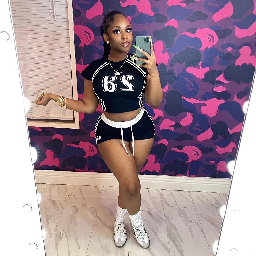 HLJ&GG Summer New Letter Print Drawstring Shorts Two Piece Sets Women Round Neck Short Sleeve Slim Crop Top And Shorts Outfits