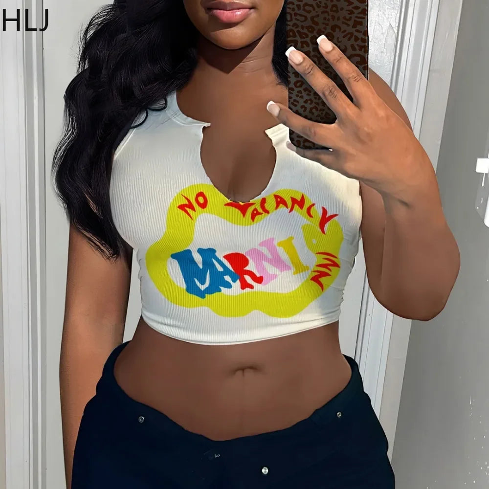 HLJ&GG 2024 INS Fashion Y2k T Shirts Letter Print Crop Tops Girls Streetwear Short Sleeve Slim-fit V-neck Tees T Shirt White New