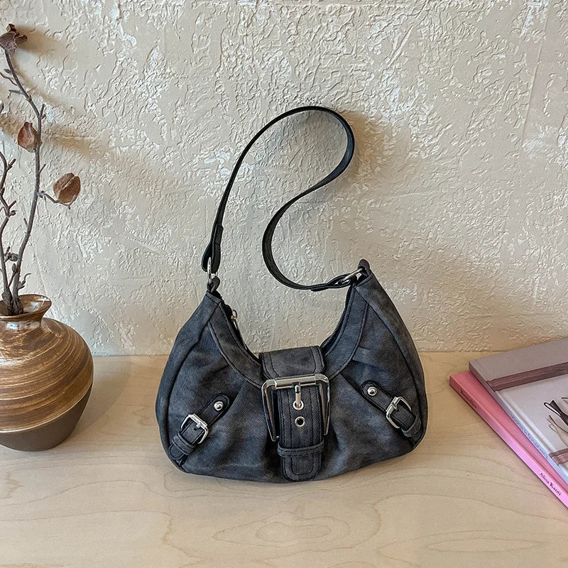 Vintage Tie-Dye Denim Underarm Bag Y2K Metal Buckle Pleated Commuting Versatile Handbag Crescent Small Shoulder Bag