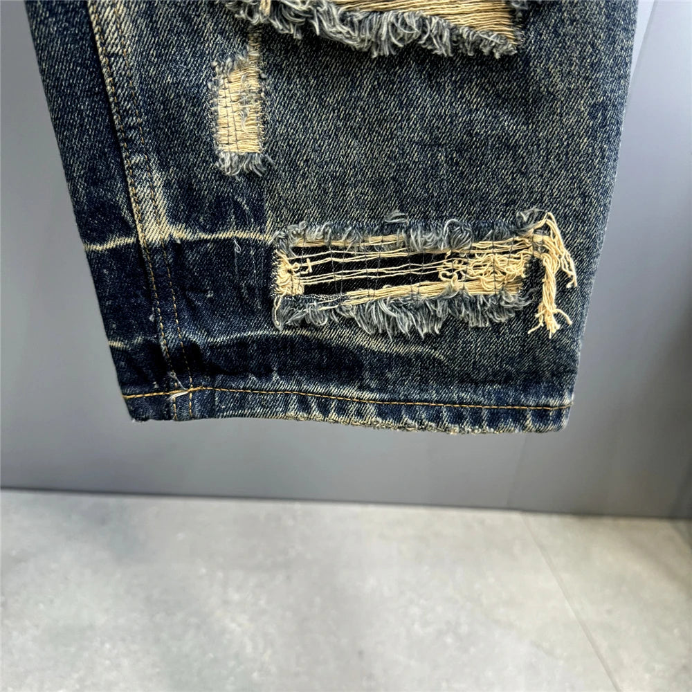 Ripped Baggy Jeans Distressed Denim Streetwear Skateboard Pants Straight Leg Patchwork Oversized Urban Fashion Workwear, men's jeans