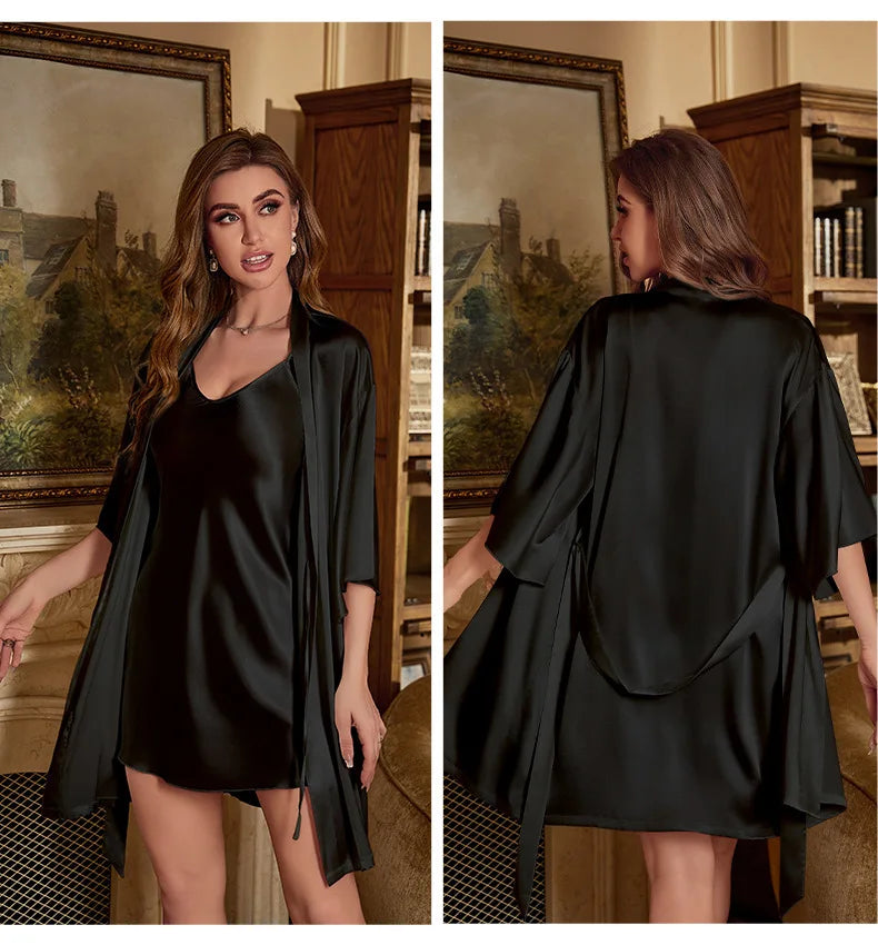Silk Satin Women Nightgown Set Sleeveless V Neck Dress & Quarters Sleeves Waist Belt Robe 2 Pieces Female Sleepwear Nightwear