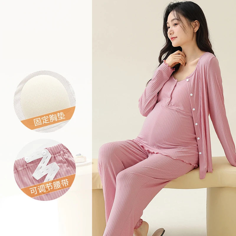Pregnancy Comfort Pajamas Set Solid Color Long-sleeved Pants and Halter Vest Three-piece Maternity Nursing Homewear Sleepwear