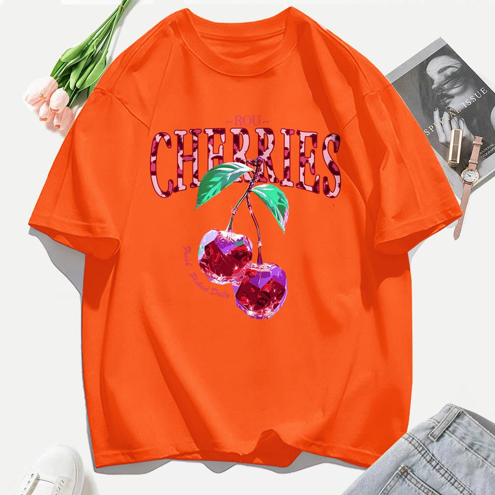 Crystal Cherries Printing Tee Shirt Woman Summer Cotton Tee Tops O-Neck Casual T Shirts Oversized All-Match Short Sleeve