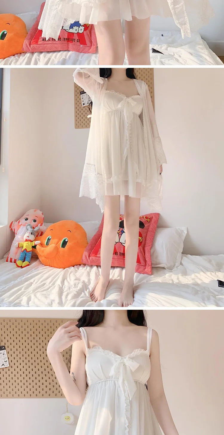 Summer Sexy Pajamas with Breast Pads Female Lace Pajamas Robe Gown Set Sexy Sleepwear White Lace Night Gown  Lingerie for Women