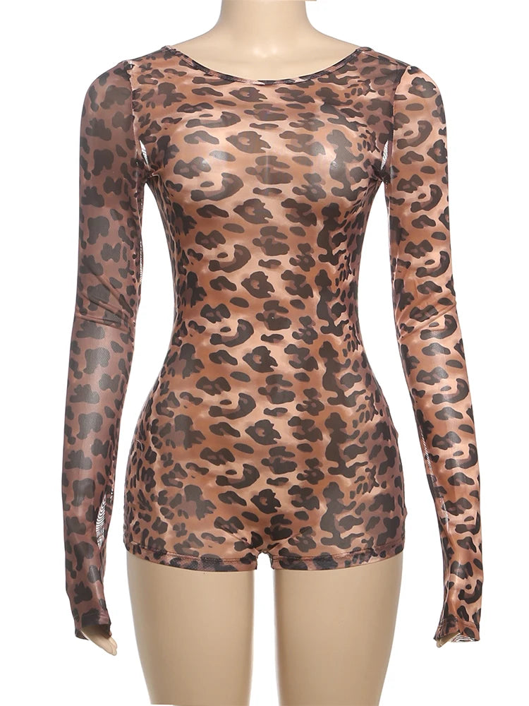 Leopard Backless Full Sleeve Romper — Women's Clubwear