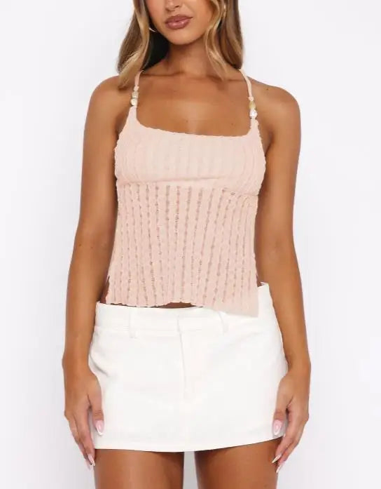 Summer New Sexy Casual Elegant Fashion Vacation Style Polka Dot Jacquard Square Collar Backless Lace Up Cross Suspender Top