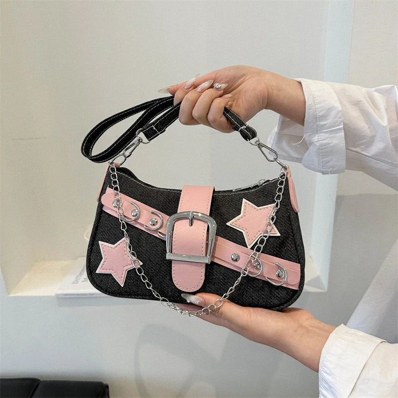 Fashion Women's Handbags Denim Stars Pattern Cool Girls Underarm Bag Female Small Shoulder Hobo Bags Chain Tote Bag