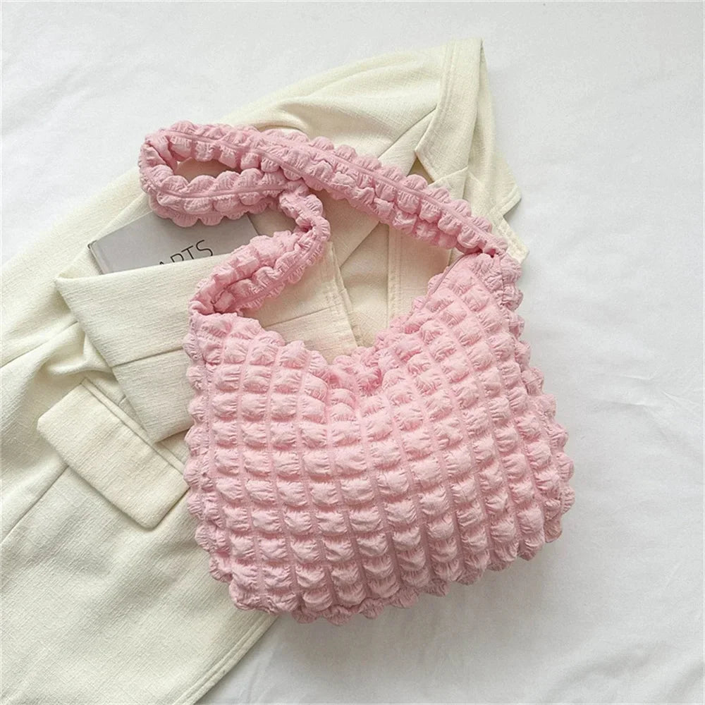 Pleated Embroidered Plaid Shoulder Bag – Crossbody & Underarm Bag, Stylish Large Capacity Quilted Tote for Women