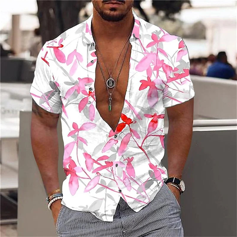 Men's black and gold flower shirts Summer plant print lapel shirt Hawaiian style beach short sleeved button up