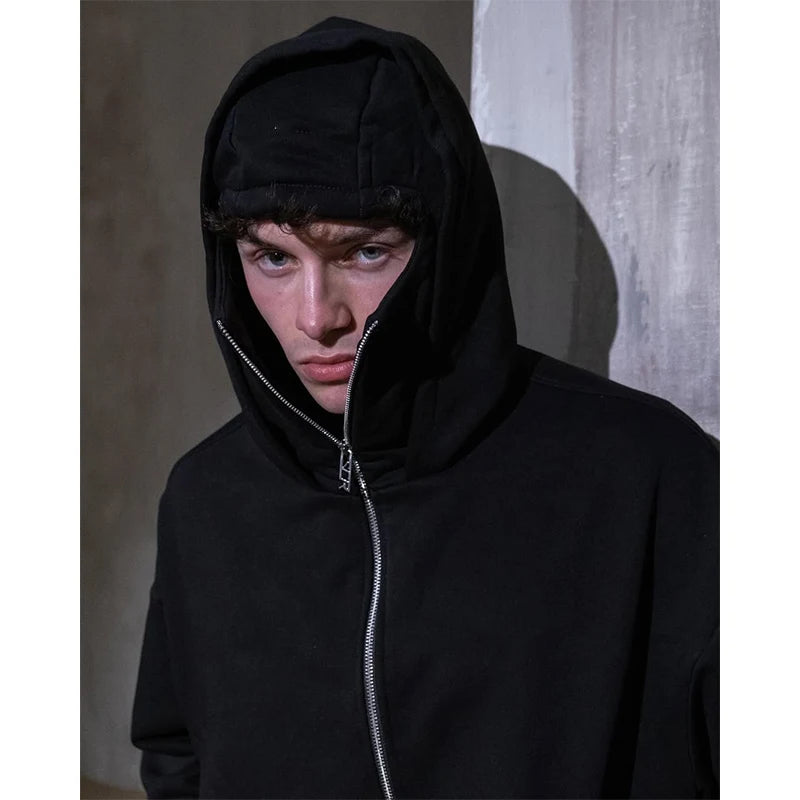 Men's Double Hat Mask Zipper Design Winter Windproof Hoodie Sports Jacket Outdoor Activities Hiking Travel Running Sweatshirt ﻿