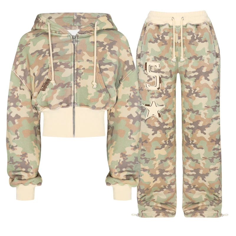 Zipper hoodie Camouflage sweatpants 2-piece set Y2K Women's clothing Goth Alphabet embroidered pullover Sweatshirt casual pants