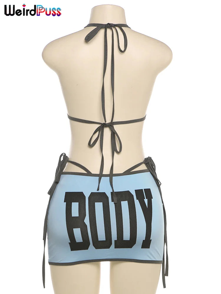 Weird Puss Letter Print 3Piece Set Women Sexy Summer Beach Vacation Bra+Bandage Briefs+Skirts Hipster Midnight Matching Clubwear