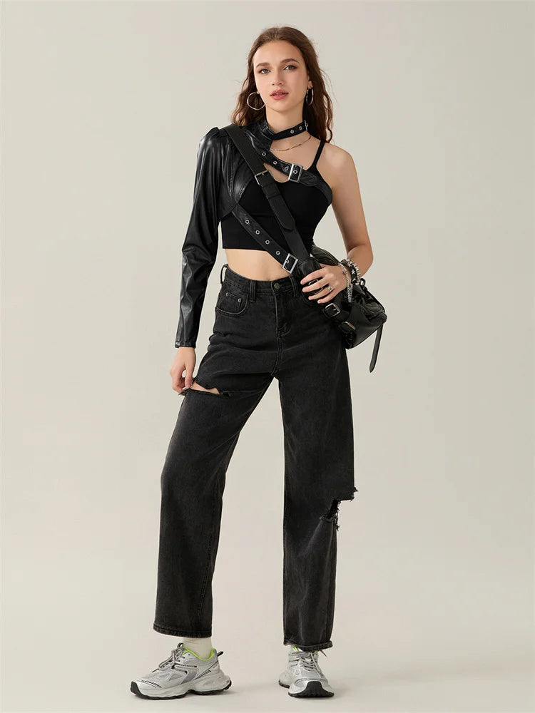 Women PU Leather Jackets Fashion Punk Gothic E Girl Y2K Crop Tops Single Long Sleeve Neck Hanger Buckle Belt Coat Outerwear