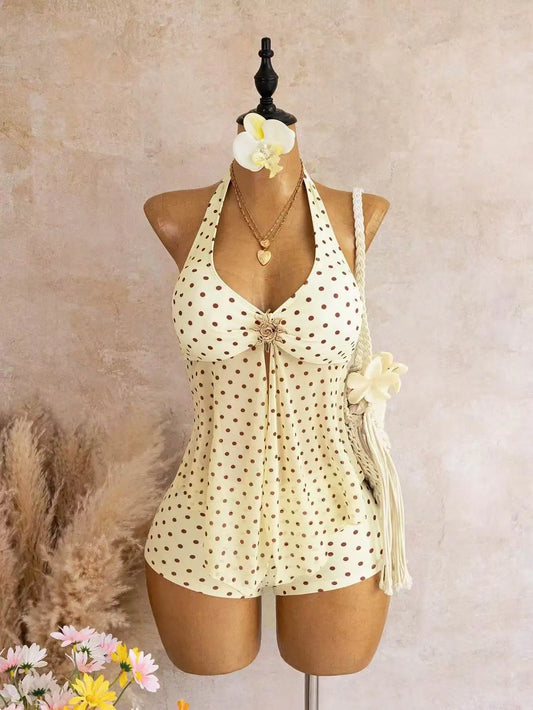 Vintage Yellow Polka Dot Print Bikini Set 2026 Women Metal Sun Ornament Mesh Tank Top High Waist Swimsuit Bathing Suit Swimwear