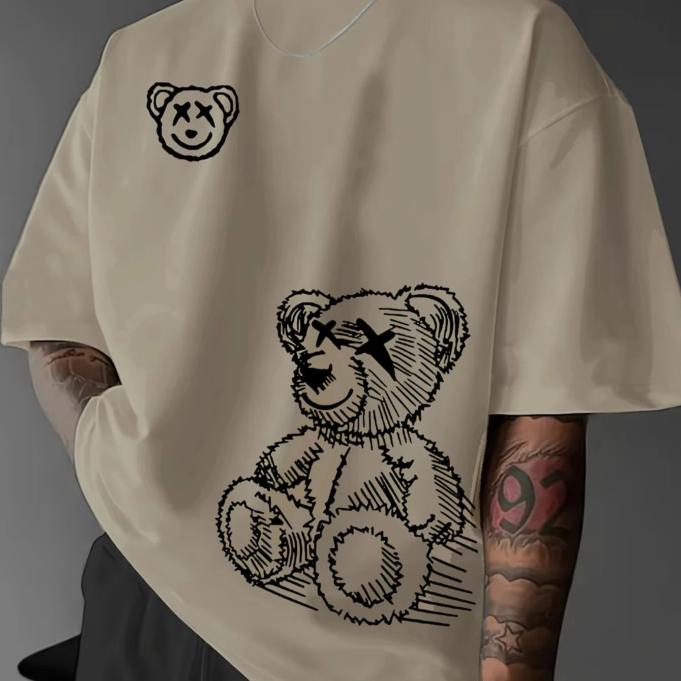 Summer Men's  Pure Cotton Casual Sports Loose and Fashionable Cartoon Bear Pattern Printed Round Neck Short Sleeved T-shirt