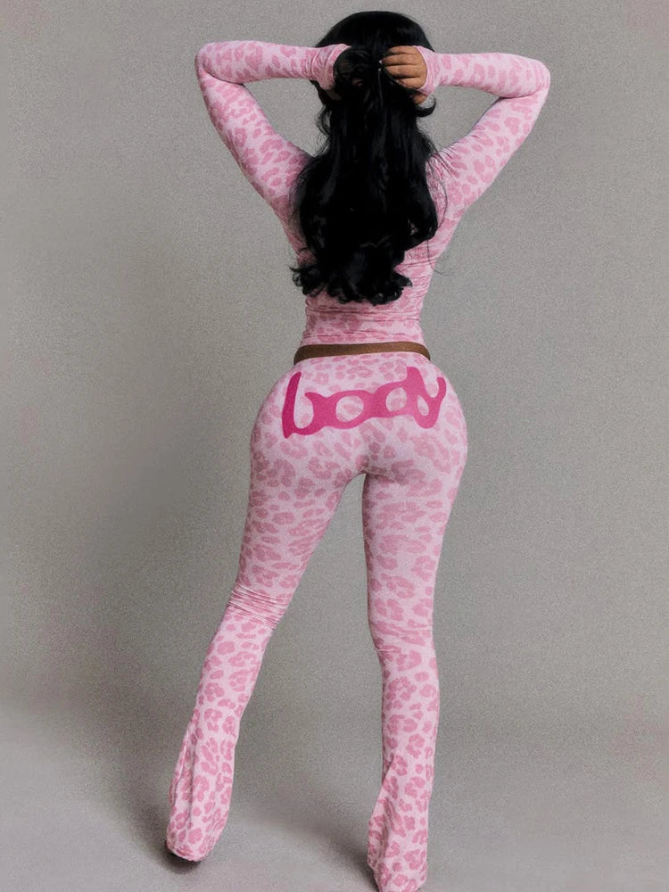 Weird Puss Letter Leopard Print 2 Piece Set Women Casual Zip Hooded Crop Jacke+Leggings Matching Stretch Sporty Street Outfits