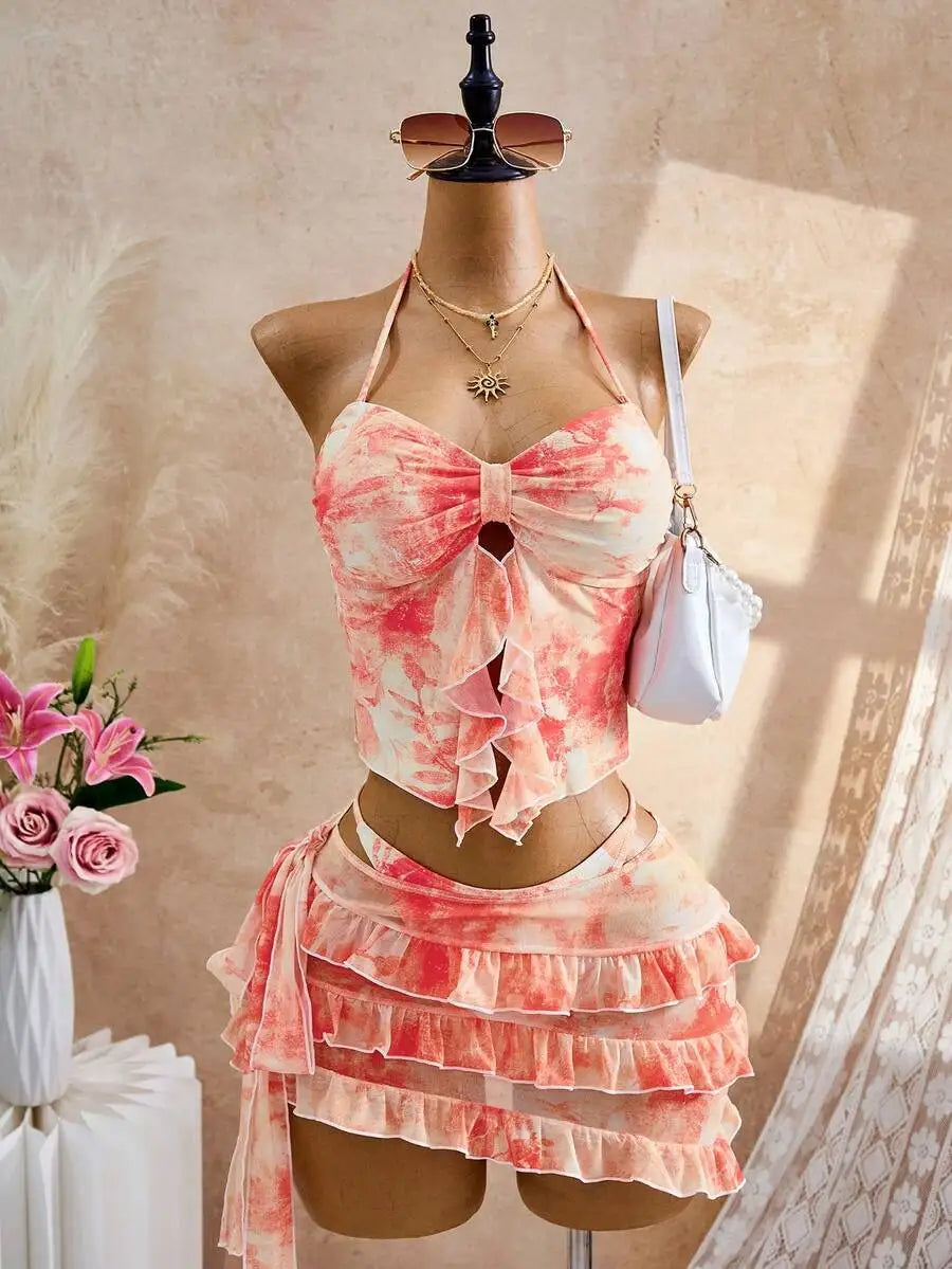 Bellisia Women's Pink Floral Tie-Dye Bikini Set,Summer Casual Holiday Vacation Swimwear,Ruched Bust Flounce Halter Split Tie
