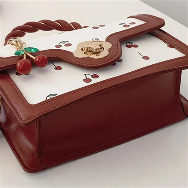 Cute Cherry Printed Handbag Shoulder Bag, Woven Handle Square Tote Bag, Fresh Design Women's Crossbody Bag, Stylish Women Bag