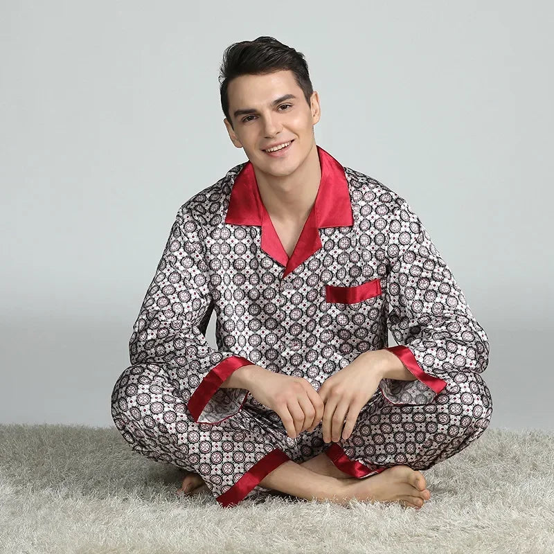 Silk Satin Pajamas for Men Sleepwear Cozy Soft Print Long Sleeve Nightgown Tops + Trousers Two Pieces Mens Pajama Set