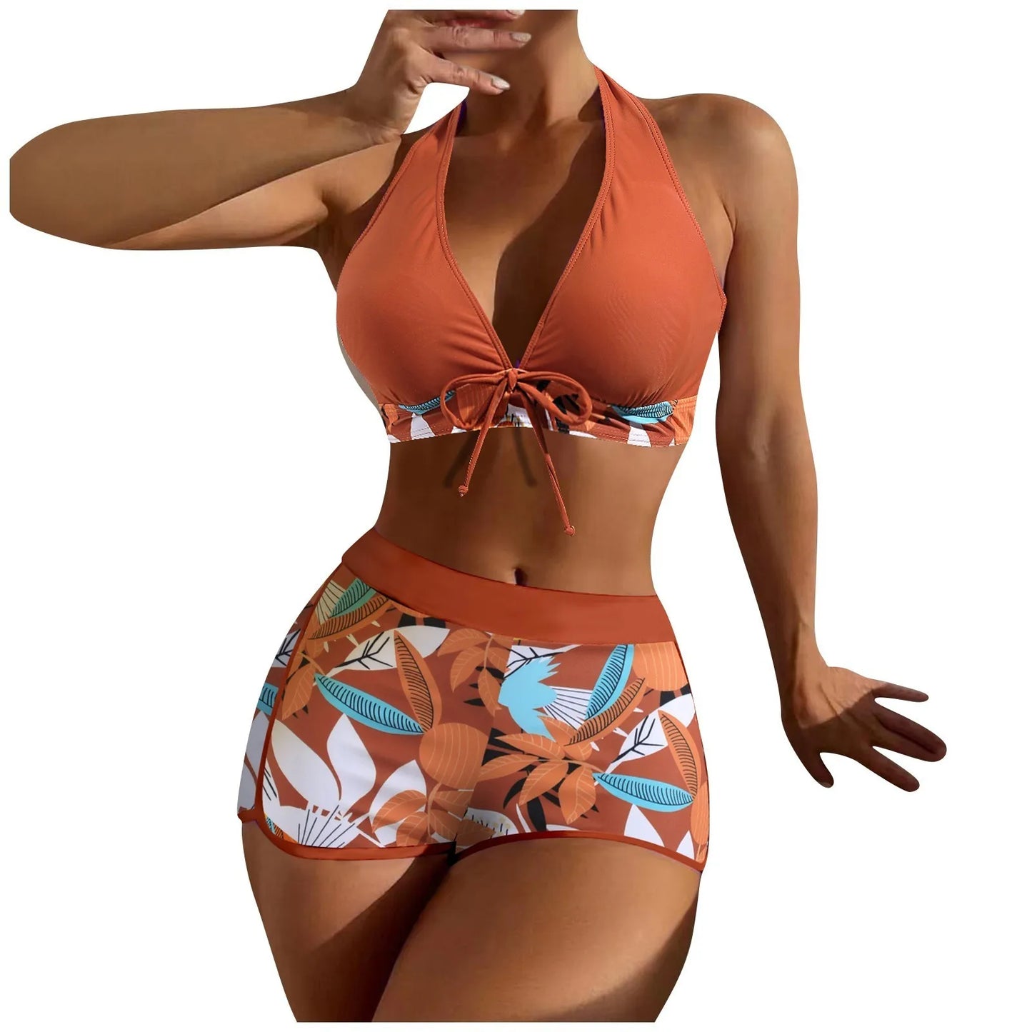 Shorts Bikinis Set  High Waist Swimsuit Women Swimwear  Plant Print Bathers Bathing Swim Suit Beachwear