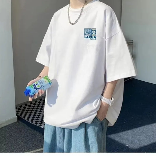 8XL Korean Loose Fitting T-shirt Fashion American Japanese Fuji Printed T-shirt with Soft Men Versatile Double Outfi