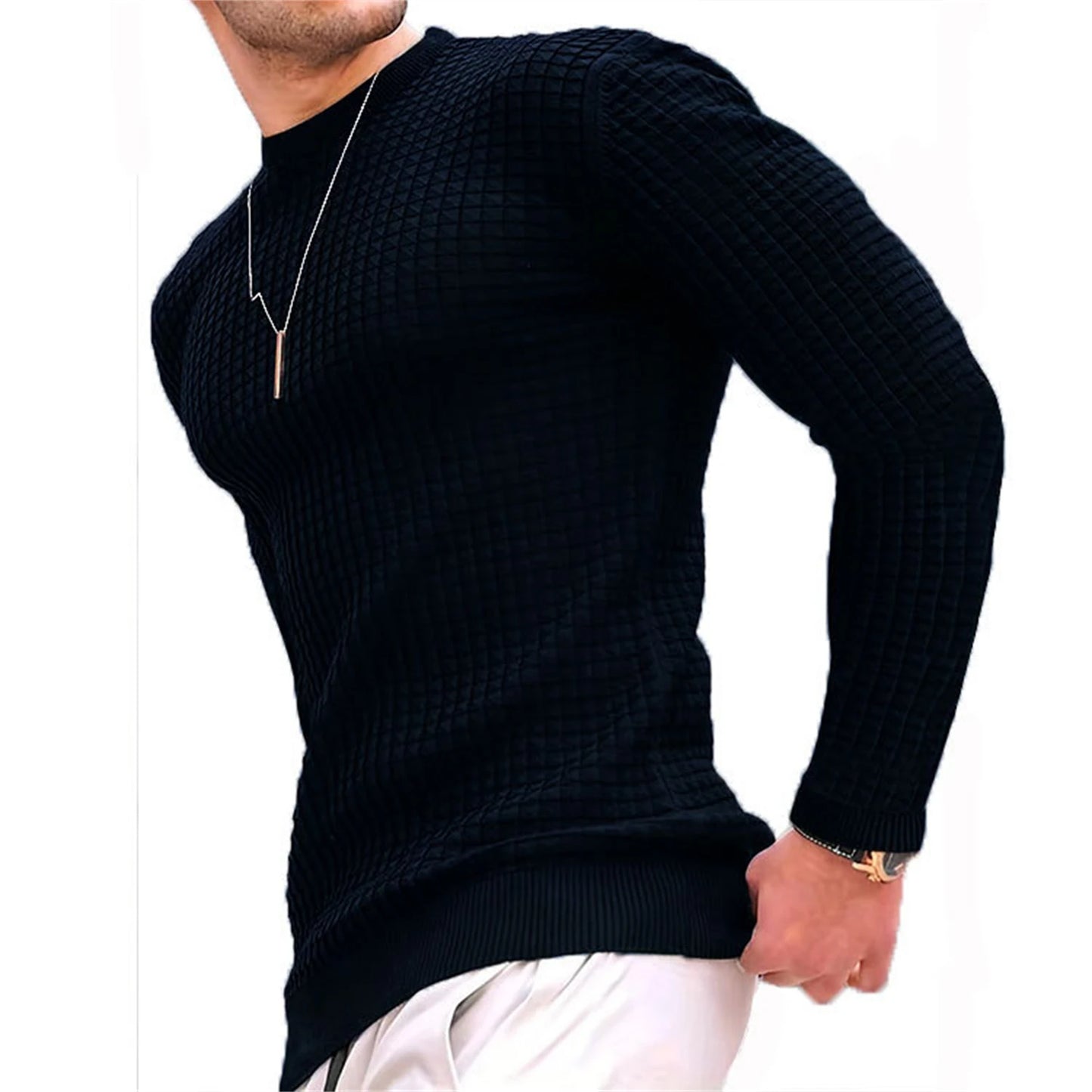 Men's coat fashion small check Waffle youth round neck jacquard check hoodie