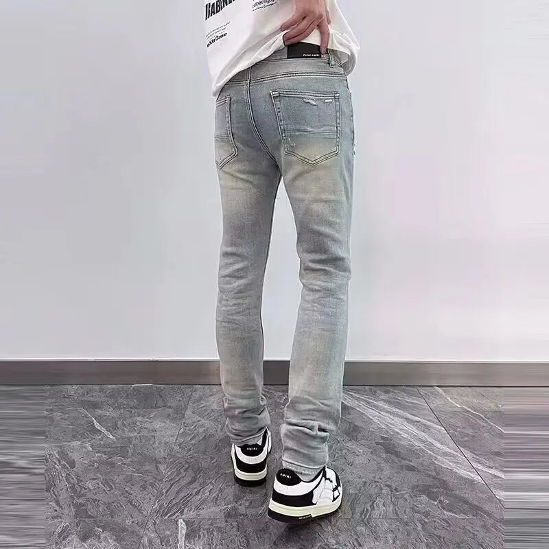 2025 Spring New Ripped Hole Denim Man's Pants Washing Light Blue Hip Hop Slim Fit  Men's Trousers High Street Blue beggar Jeans