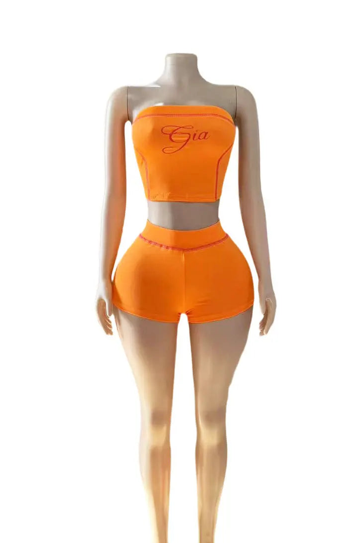 HLJ&GG Y2K Sexy Letter Print Two Piece Sets Women Off Shoulder Backless Slim Crop Top And Shorts Outfits Fashion 2pcs Streetwear