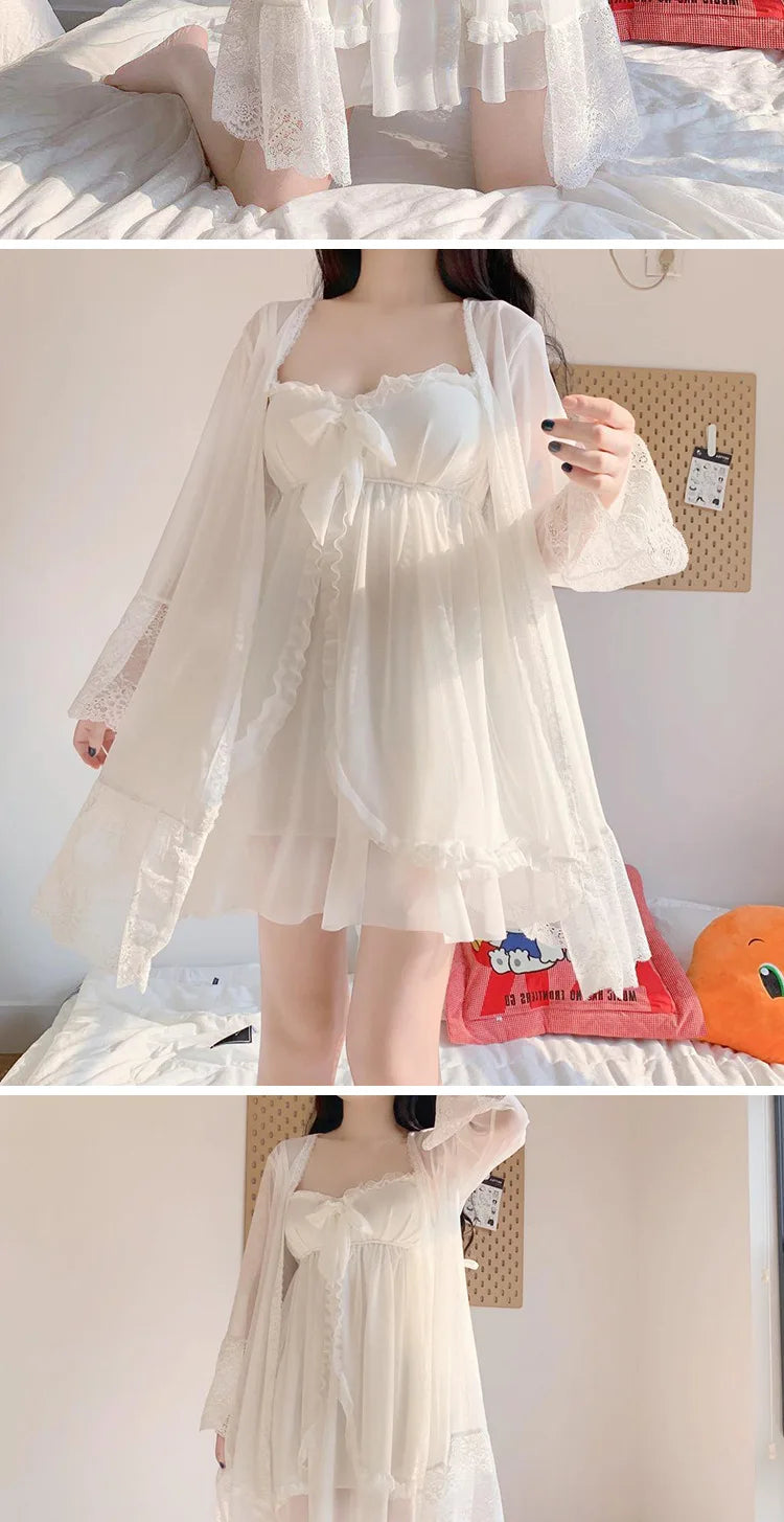 Summer Sexy Pajamas with Breast Pads Female Lace Pajamas Robe Gown Set Sexy Sleepwear White Lace Night Gown  Lingerie for Women