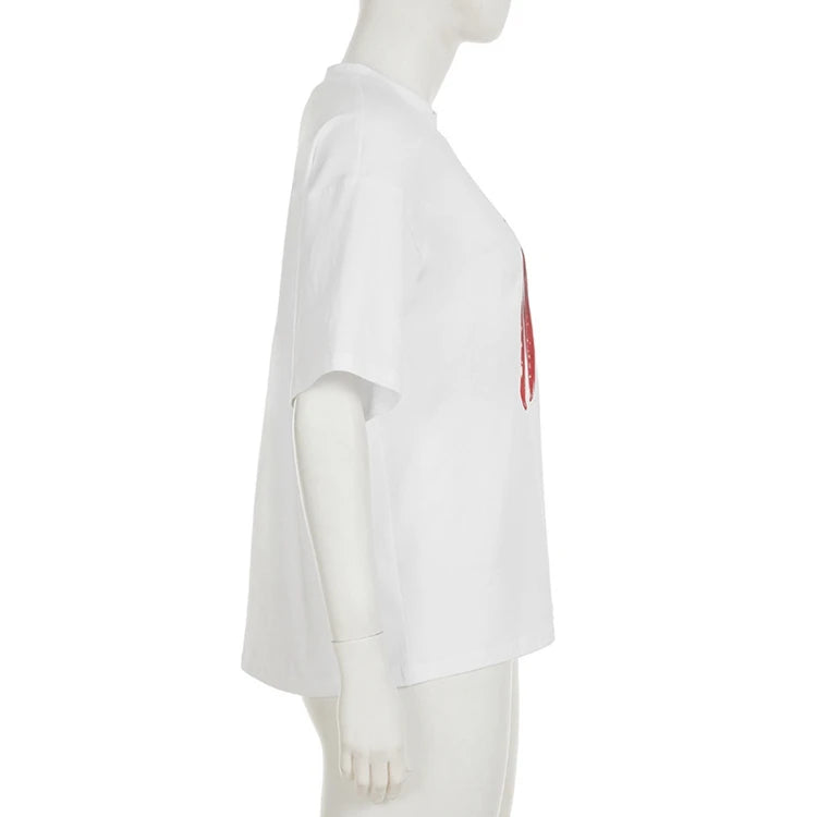 STYLISH LADY Chili Printed T Shirts 2025 Summer Women Short Sleeve O Neck Casual Loose White Streetwear Tops Tees