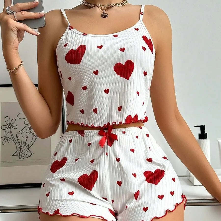 Cherry Temptation Home Love Print Flowing-Sleeve Short Pants for Casual Wearing, Women's Sleepwear Set