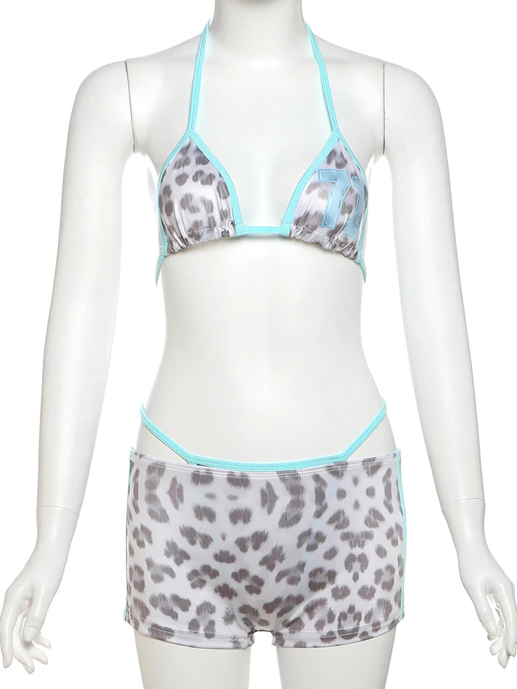Weird Puss Leopard Print Sexy 3 Piece Set Women Beach Vacation Halter Bra+Panties+Shorts Summer Midnight Matching Party Clubwear