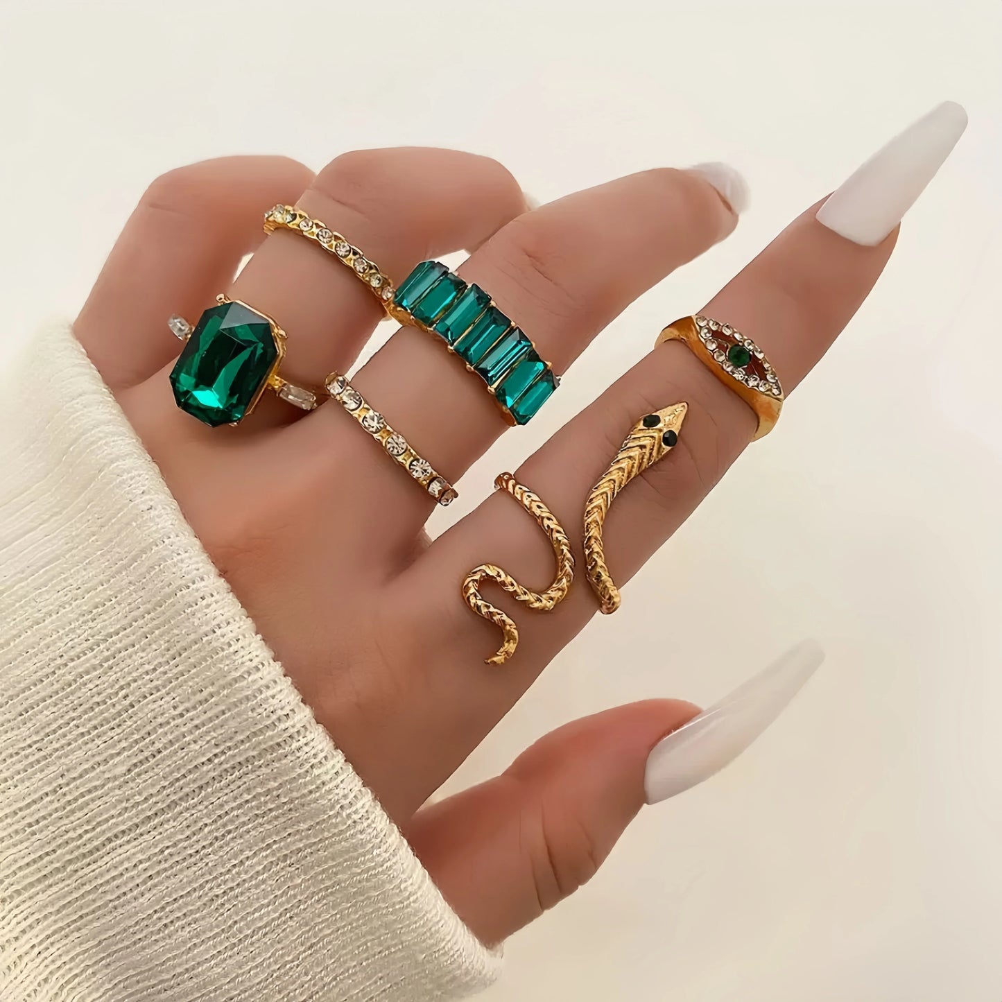 8PCSSet Of Fashionable And Retro Imitation Gemstone Snake-Shaped Twisted Rings For Women, Retro Wave Geometric Inlaid Rhinestone