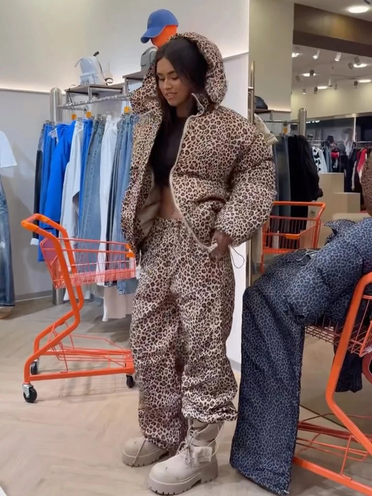 Casual Leopard Printed Hooded Puffer Jacket Pants Set Oversized Zip Up Warm 2026 Winter Women Outdoor Outfit Streetwear Suits