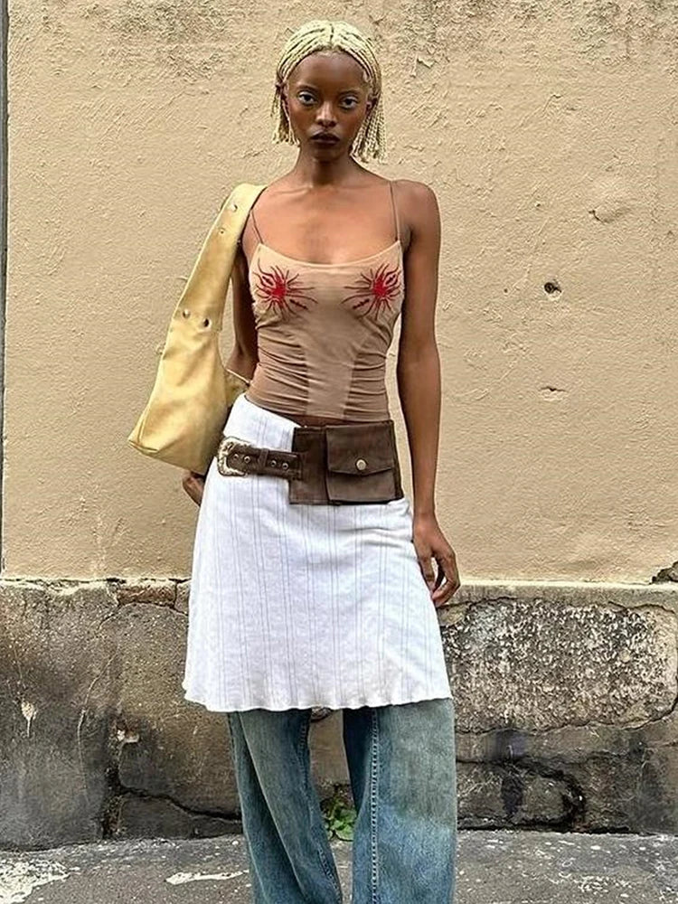 Weird Puss Sun Print Sexy Women Camisole Y2K Summer Fashion Low-Neck Coquette Midnight Party Club Wild Basic Street Slim Tees