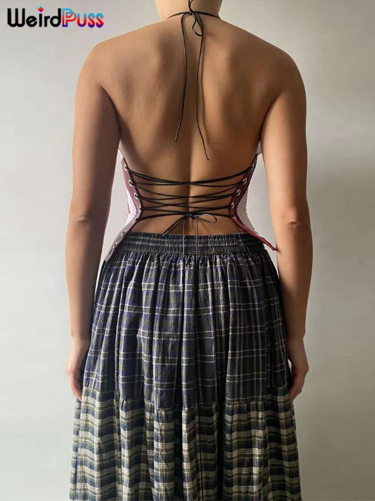 Weird Puss Mesh Halter Crop Tops Woman Summer Bandage Backless Patchwork Number Print Swing Collar Party Streetwear Skinny Vest