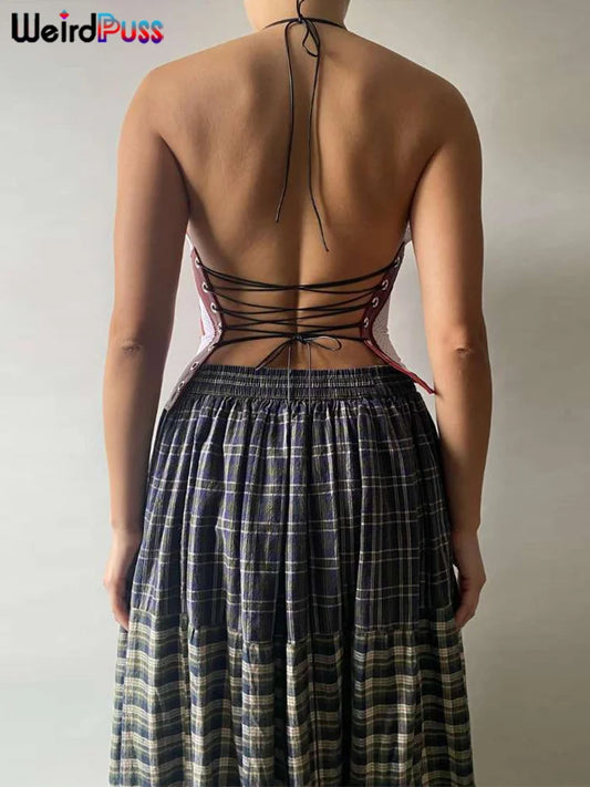 Weird Puss Mesh Halter Crop Tops Woman Summer Bandage Backless Patchwork Number Print Swing Collar Party Streetwear Skinny Vest