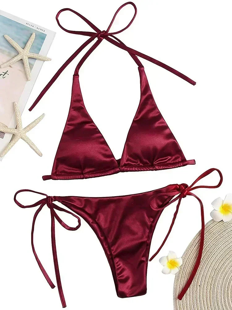 Halter Brazilian Metallic Satin Bikini  Swimwear, Swimsuit Two-pieces Bikini Set High Cut Bathing Suit Swim Beachwear