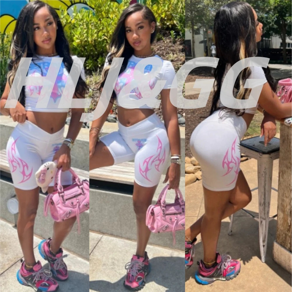 HLJ&GG White Summer Trend Y2K Letter Print Two Piece Sets Women Round Neck Short Sleeve Slim Crop Top And Skinny Shorts Outfits
