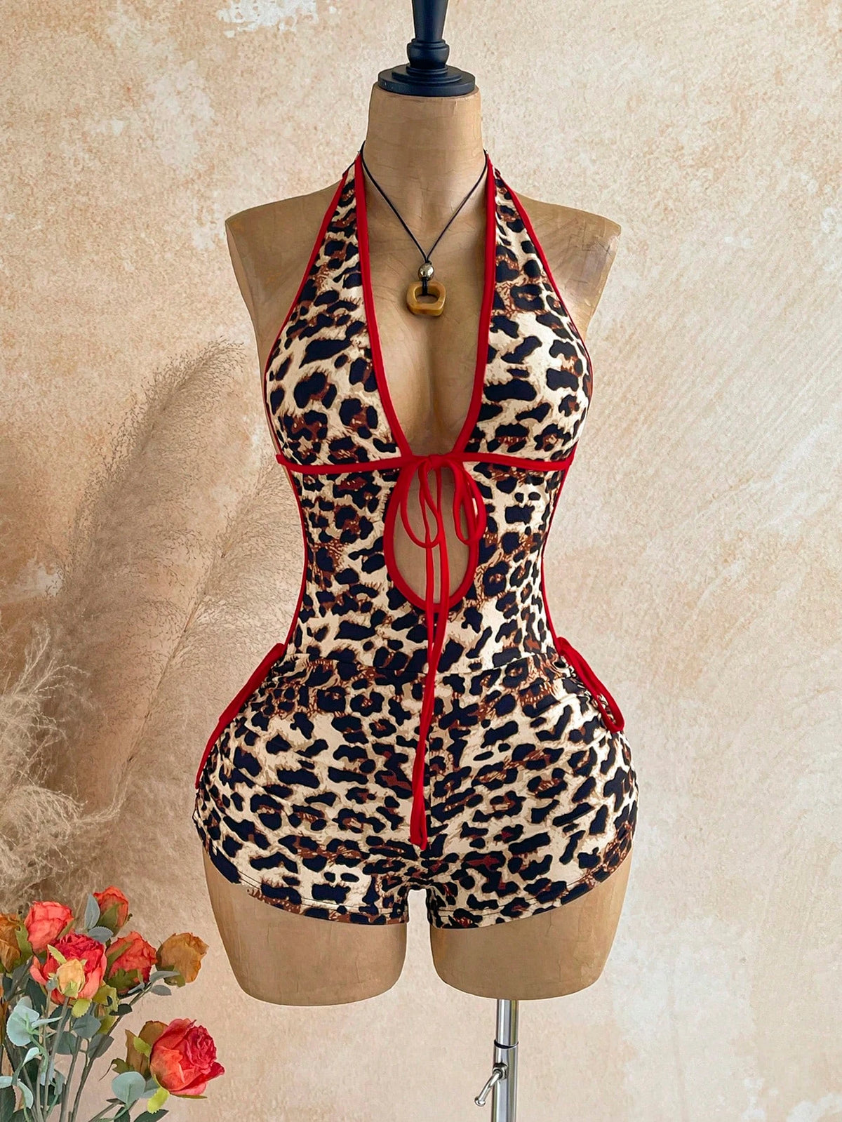 Vintage Melard Leopard Print Halter Neck Jumpsuit with Red Trim, Deep V Backless High-Waisted Tight-Fitting Hot Girl Vacation Jumpsuit