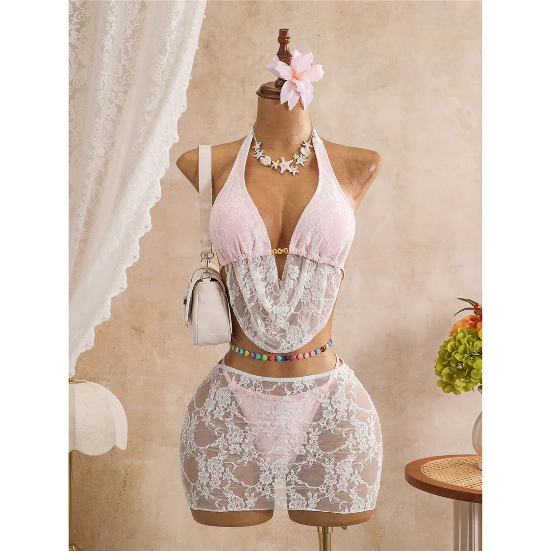 With Skirt Lace Halter Bikini Female Swimsuit Women Swimwear Bather Bathing Suit Swim Three-pieces Bikini Set High Cut Leg K8418