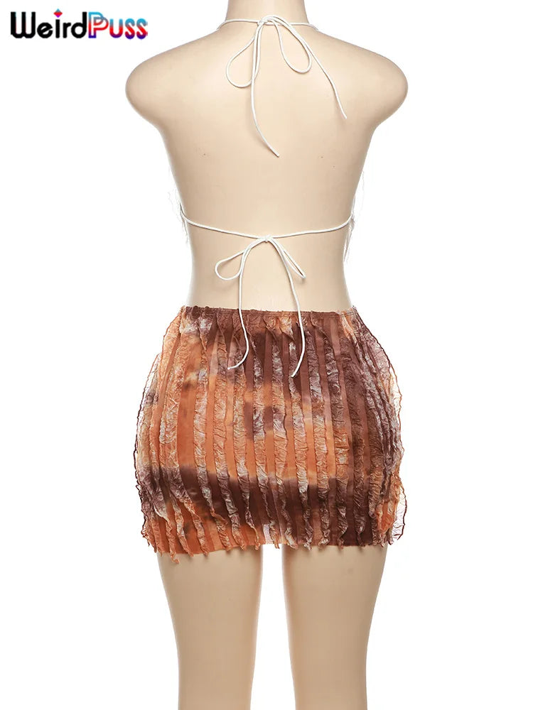 Weird Puss Ruffles Women Sexy 2piece Set See Through Low-Neck Camisole+Peach Hip Skirts Vacation Midnight Clubwear Matching Suit