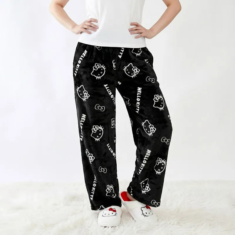 Hello Kitty Fleece Coral Pajama Pants Soft Trousers Women Casual Home Trousers Anime Cartoon Birthday Gift